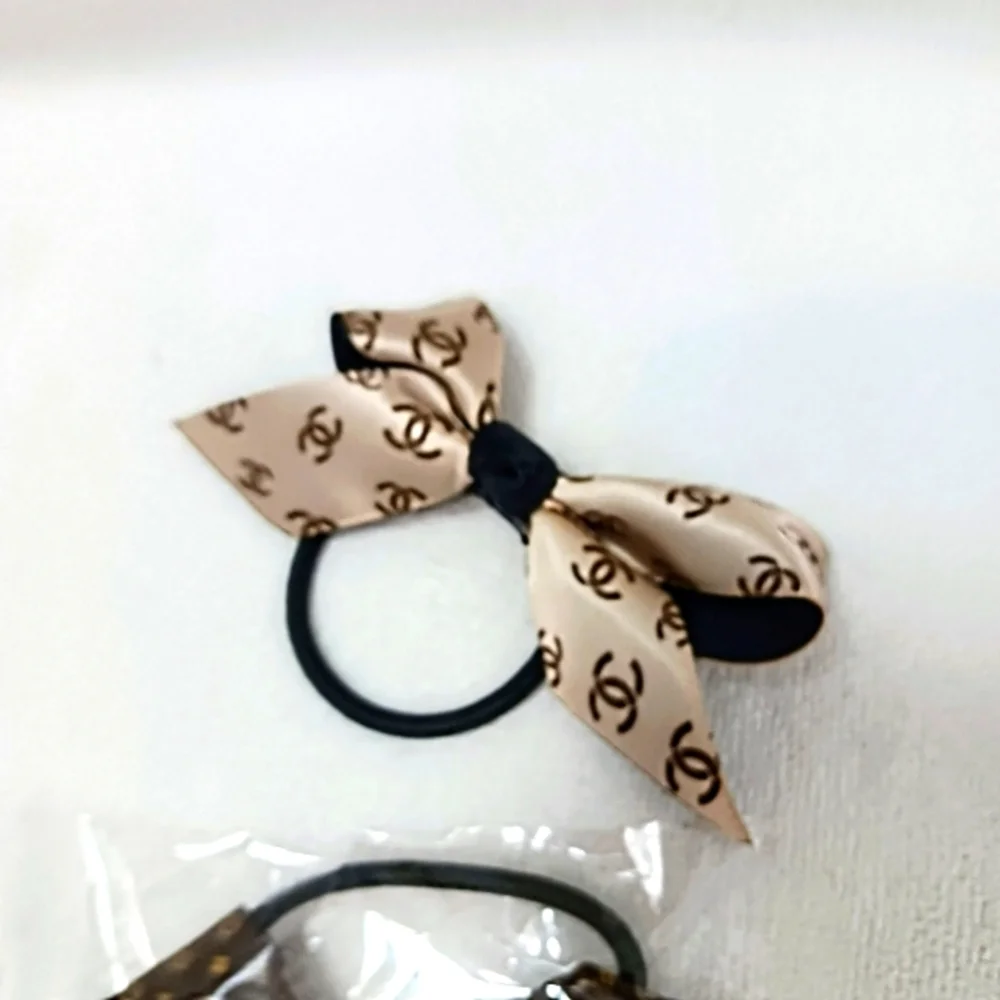 2 Fashion Hair Bands BOWS Monogram Ponytail Holder Ribbon BROWN BEIGE‎ Brand New